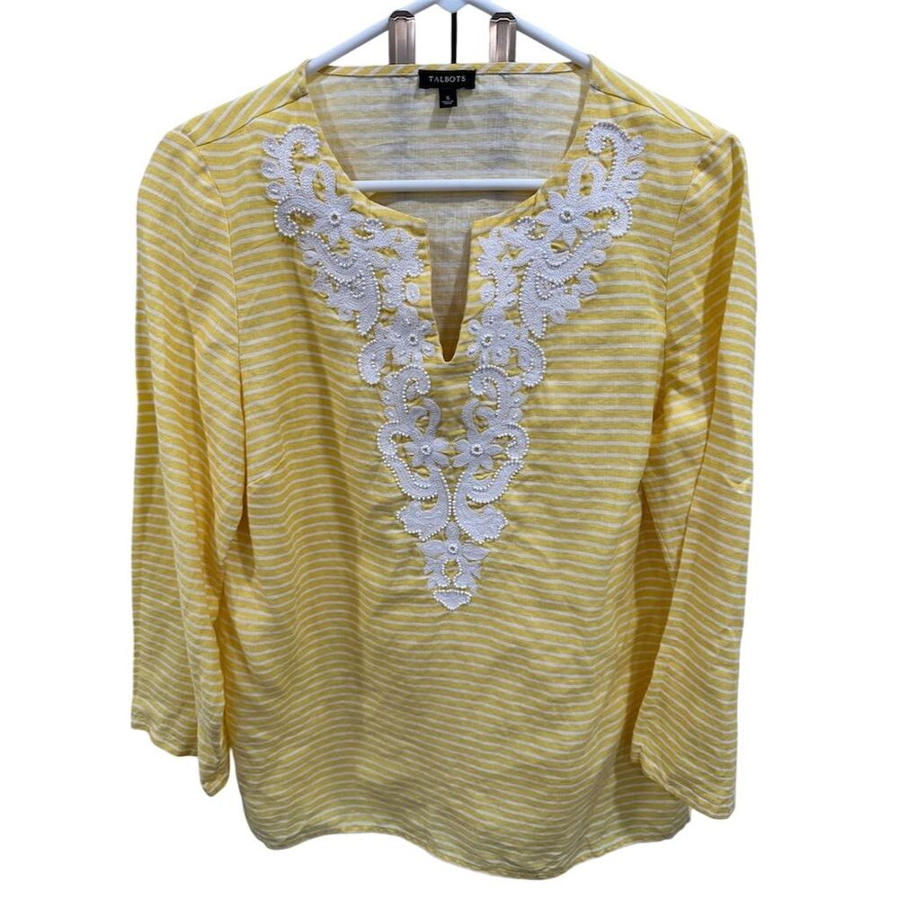Talbots Women's Yellow Striped Linen Tunic Top V-Neck 3/4 Sleeve Size S